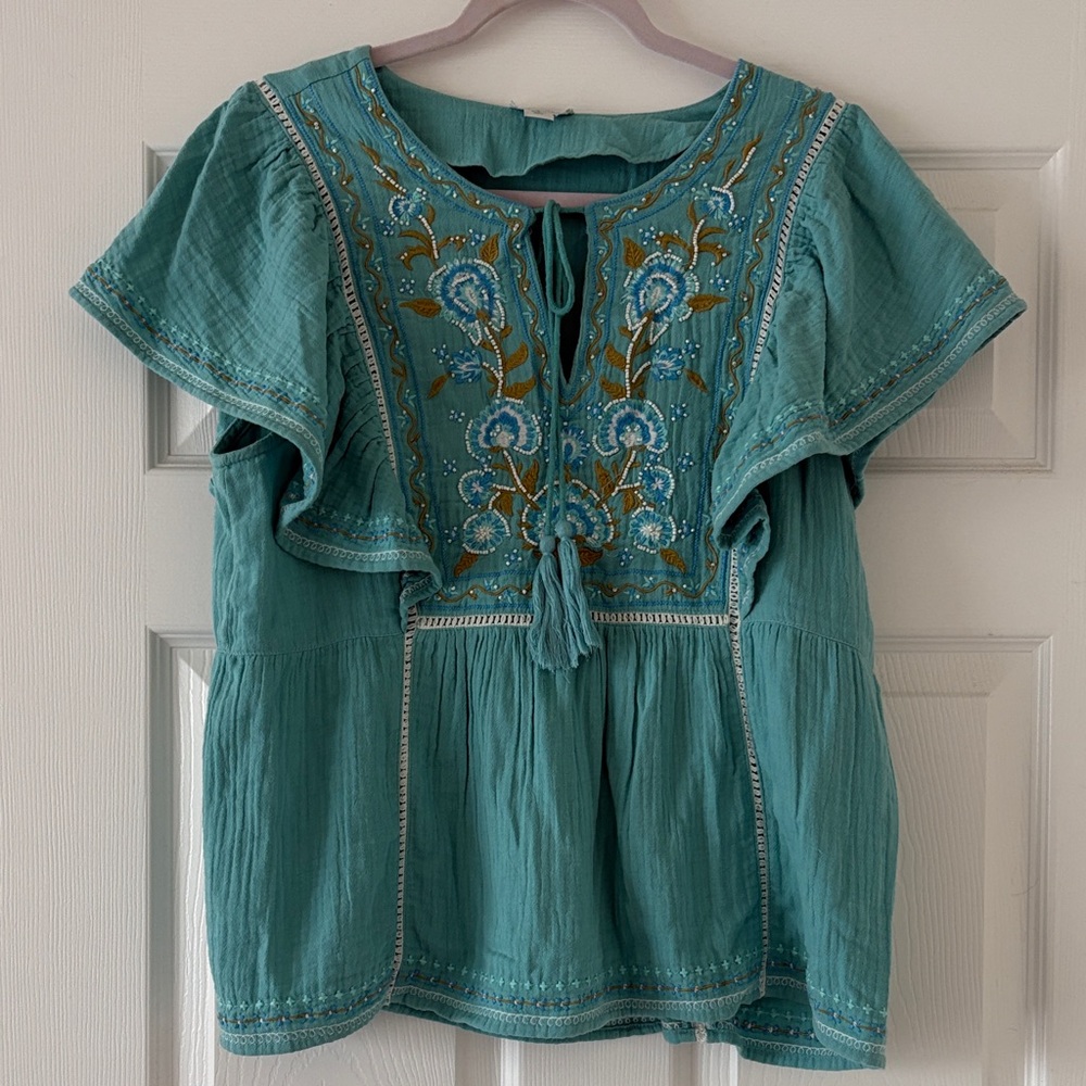Sundance Teal Blouse with Floral Embroidery Small